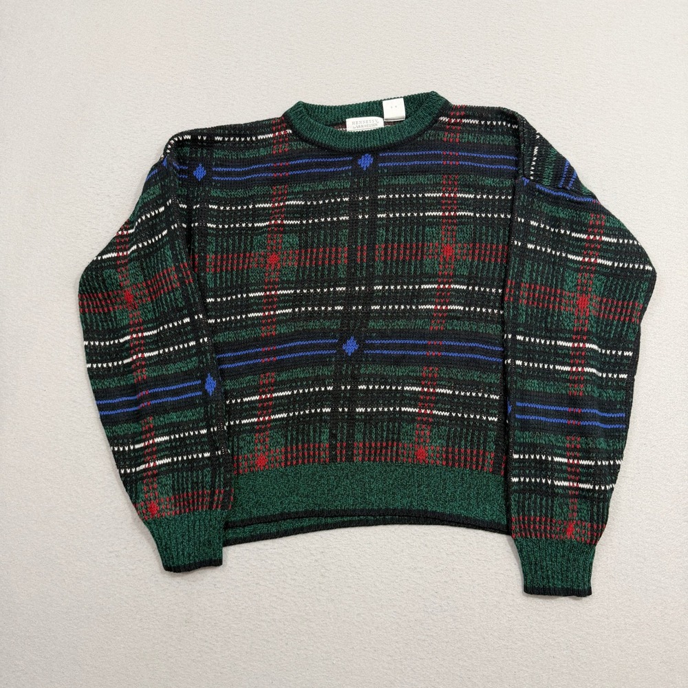Vintage Hennessy by Van Heusen Sweater Medium Green Plaid Crew Neck Long Sleeve